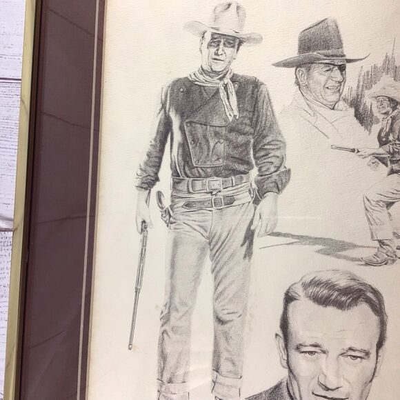 Vintage 1975 Glen Base John Wayne Pencil Sketch Art Framed - Picture 4 of 16